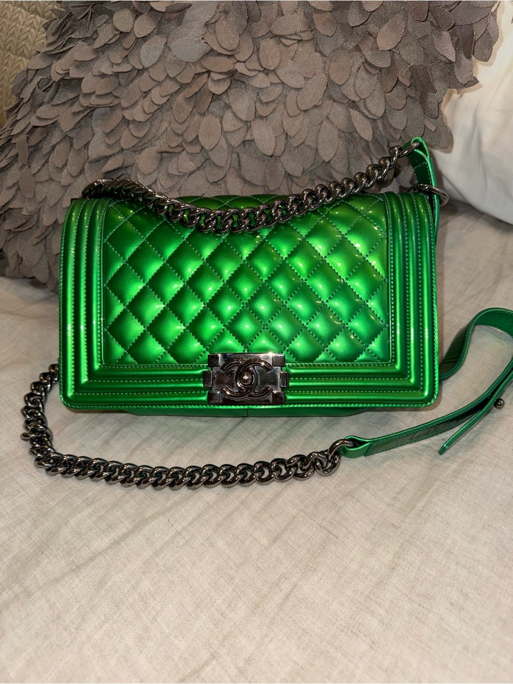 CHANEL Metallic Emerald Quilted Boy bag